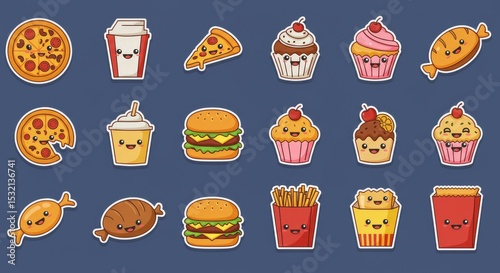 fast food and dessert characters with happy faces. Includes pizza, burgers, cupcakes, drinks, fries, and a donut