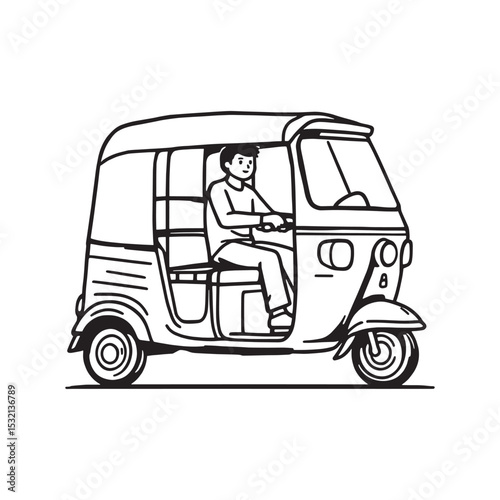 Rickshaw traditional three wheeled vehicle line art vector