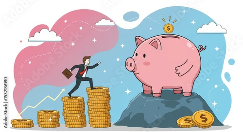 Flat illustration of a businessman climbing coin stacks towards a piggy bank. Represents saving, investment, financial growth, and success.