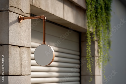 Vintage Round Mirror with Copper Frame Hanging on Stone Wall Next to Green Plant photo