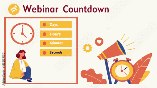 Webinar countdown illustration featuring a woman, clock, megaphone, and timer details for days hours minutes seconds