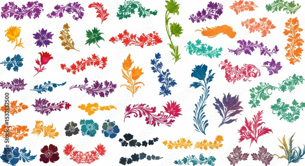 Obraz premium floral elements collection with vibrant, loose brushstrokes. Includes various flowers