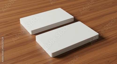 Stacks of blank business cards resting on a wooden surface. Professional, generic presentation of blank cards for branding purposes.
