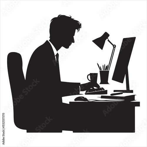 Silhouette of person remote working  ,  vector black color  , solide white colour background 
