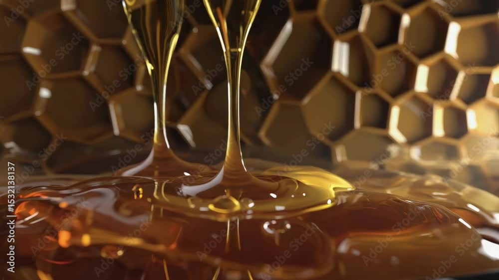 Golden Honey Flow Against Honeycomb Background - Nature s Sweet Essence for Design and Prints