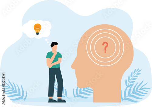 Businessman with Question marks in a human head and one glowing light bulb above vector animation cartoon

