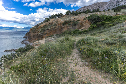 Fototapeta Naklejka Na Ścianę i Meble -  Green grass in a clearing, rest on a trail near the town of Baska, view of the bay and the city panorama