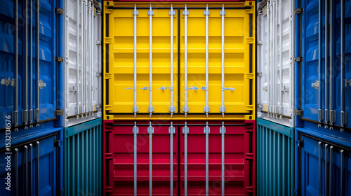 Colorful stacked shipping containers creating a vibrant geometric industrial background.
 photo