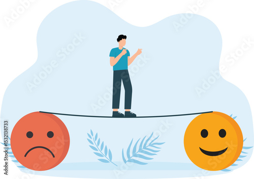 Businessman keeps balance across sad to happy emotio 3d isometric animation concept

