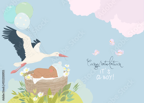 Stork delivering Baby Boy. It s a Boy. Baby Shower Card