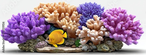 3D Render of Vibrant Coral Reef with Yellow Fish