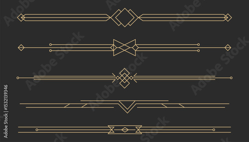 Art deco golden retro divider, border. Line frame vintage geometry gold elegant decoration. Set ornate decor elements.