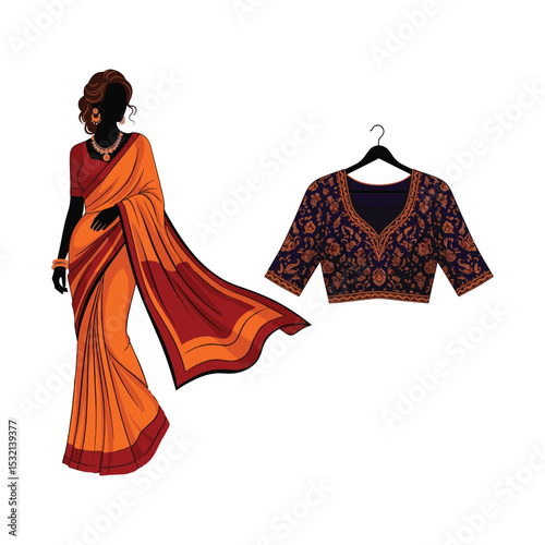 Indian Saree and Embroidered Blouse Fashion Illustration Art & Illustration