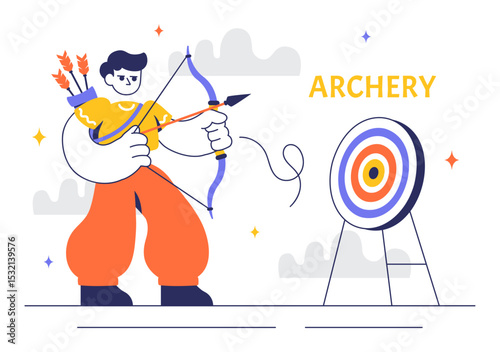 Archery Sport Vector Illustration Featuring a Bow and Arrow Aiming at a Target, Depicting an Outdoor Recreational Activity in a Flat Background