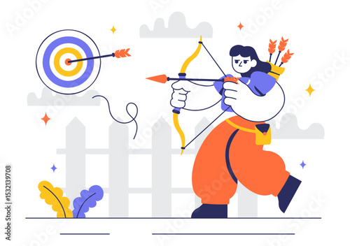 Archery Sport Vector Illustration Featuring a Bow and Arrow Aiming at a Target, Depicting an Outdoor Recreational Activity in a Flat Background