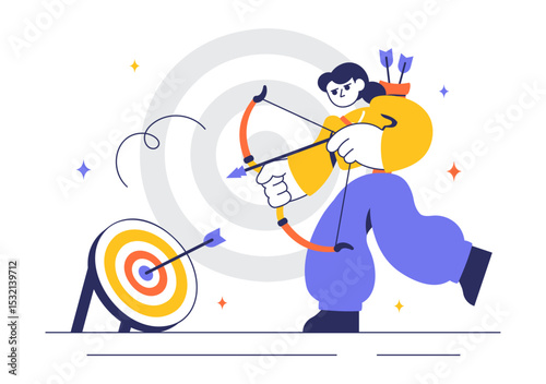 Archery Sport Vector Illustration Featuring a Bow and Arrow Aiming at a Target, Depicting an Outdoor Recreational Activity in a Flat Background