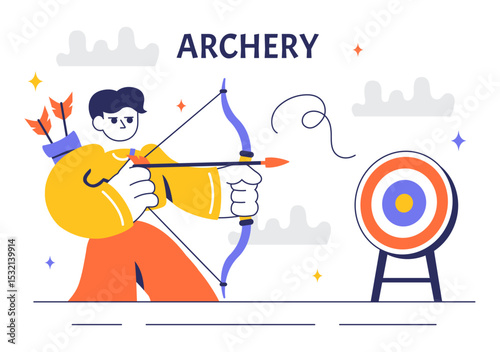 Archery Sport Vector Illustration Featuring a Bow and Arrow Aiming at a Target, Depicting an Outdoor Recreational Activity in a Flat Background