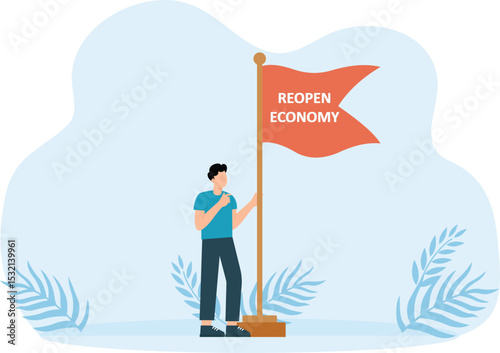 Young businessman animation holding a flag with text of reopening economy concept

