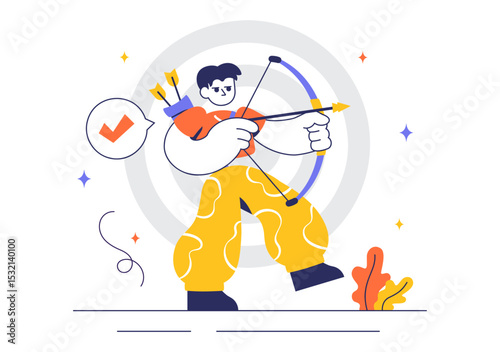 Archery Sport Vector Illustration Featuring a Bow and Arrow Aiming at a Target, Depicting an Outdoor Recreational Activity in a Flat Background
