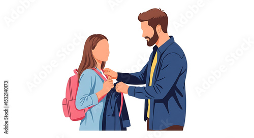 Father Helping Daughter with Her Coat Before School