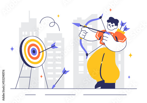Archery Sport Vector Illustration Featuring a Bow and Arrow Aiming at a Target, Depicting an Outdoor Recreational Activity in a Flat Background