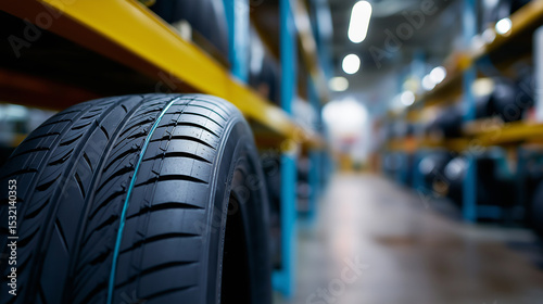 Single car tire standing upright in a modern warehouse aisle with shelves full of boxes.
 photo