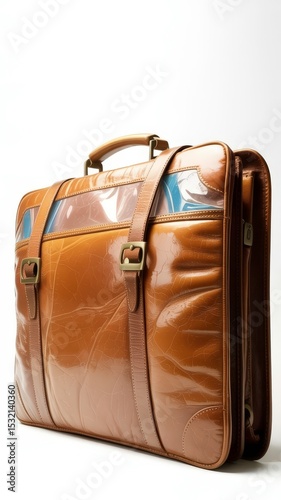 Vintage brown leather satchel with a sturdy handle, metallic fasteners, and a transparent protective cover, showcasing timeless design and elegance.