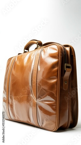 Vintage brown leather satchel with a sturdy handle, metallic fasteners, and a transparent protective cover, showcasing timeless design and elegance.