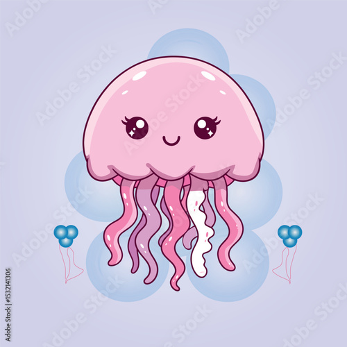 Cute pink jellyfish cartoon illustration vector