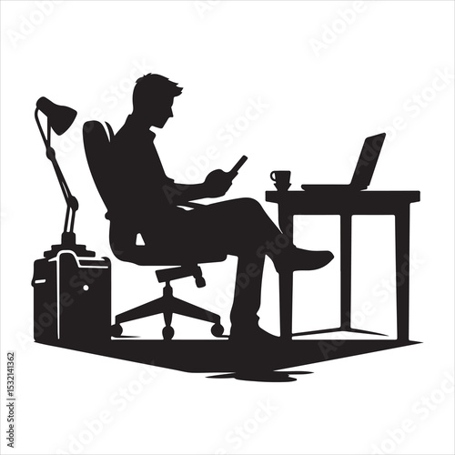 Silhouette of person remote working  ,  vector black color  , solide white colour background 