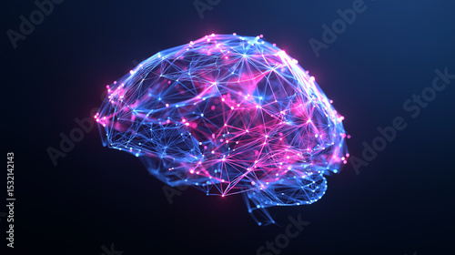 Glowing digital brain with interconnected neural pathways in pink and blue on a dark background.
