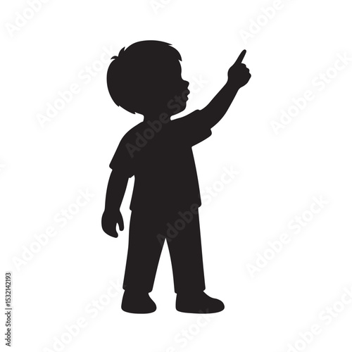 Silhouette of Little Boy Pointing Upward with Curiosity and Wonder