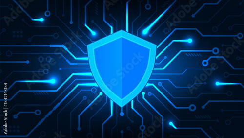Shield with circuit security cyber of data transmission internet concept technology background