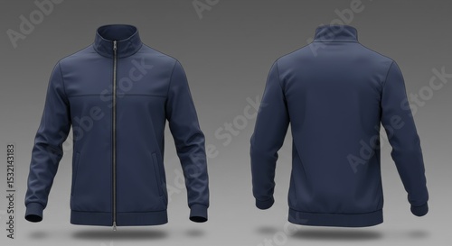 Men's navy blue zip-up jacket, front and back views, presented on a neutral background. Modern sports jacket design for casual wear.