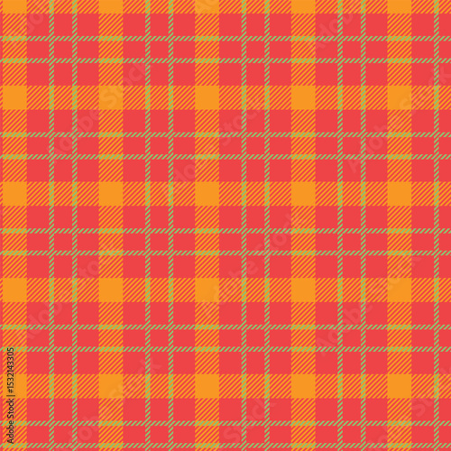 Seamless coral and gold plaid pattern with olive green stripes design for fabric, wallpaper, and backgrounds