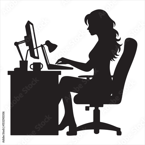 Silhouette of person remote working  ,  vector black color  , solide white colour background 