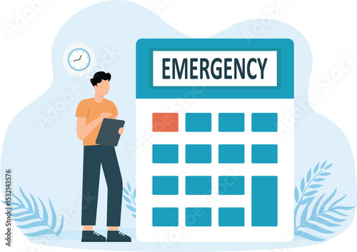 Businessman animation counting emergency fund with calculator and alarm clock concept


