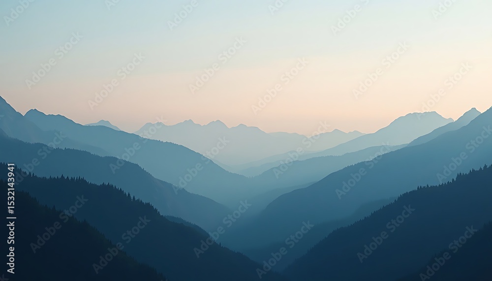 Obraz premium Blue mountain range with layered peaks against a soft gradient sky.