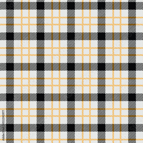 Seamless black and white tartan with golden yellow stripes design for fabric, wallpaper, and backgrounds