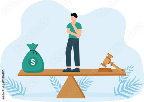 Animated cartoon design of money bag balanced to a justice gave on the Penalty scales concept

