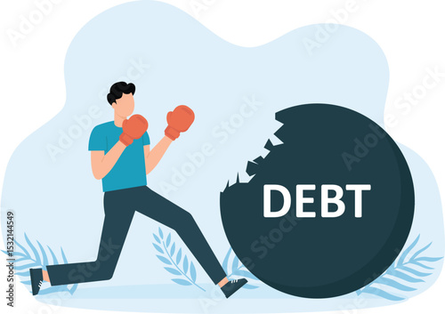 Young man animation wearing boxing gloves while punching debt word on the ball concept

