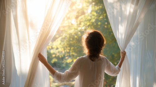 Woman opening curtains in the morning and looking at a scenic sunrise outside her window.
Free Download Woman opening curtains in the morning and looking at a scenic sunrise outside her window.
- GFXLoad