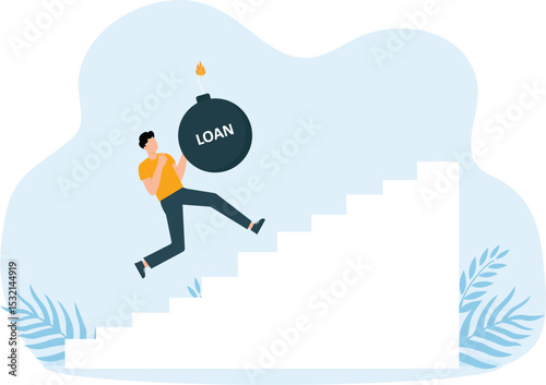 Male student animation wearing graduation gown while carrying a burden with loan word and trying to climb stairs concept


