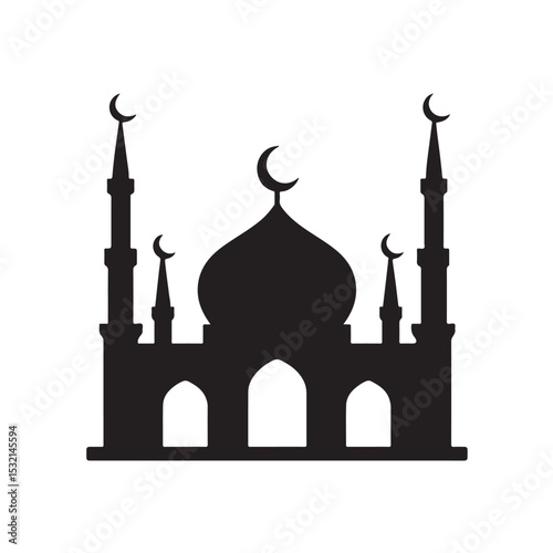 Silhouette of Mosque with Minarets and Crescent Moon Symbol