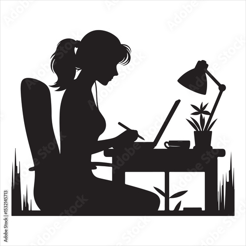 Silhouette of person remote working  ,  vector black color  , solide white colour background 