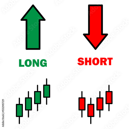 Icons for trading terms long and short. includes green and red arrows symbols. Ideal for stock market, forex and crypto visuals. icons, vector, symbols.