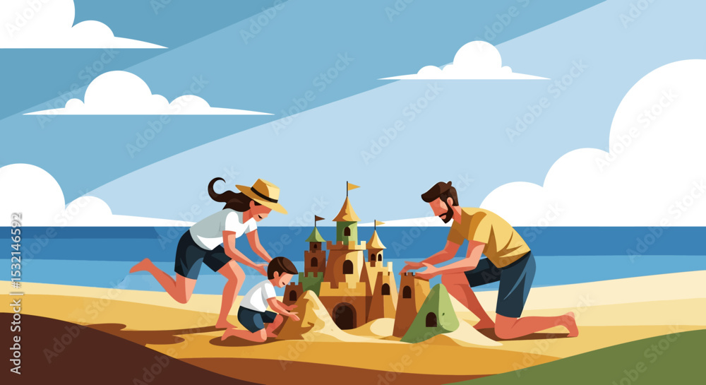 Obraz premium A charming vector illustration of a family building a sandcastle on a sunny beach, capturing the fun and joy of a summer vacation
