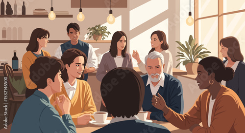 A clean vector illustration of a business meeting in a bright, modern cafe, showcasing teamwork and collaboration among diverse professionals