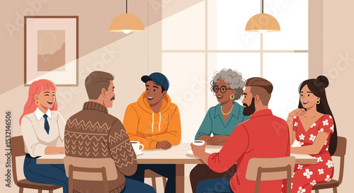 A clean vector illustration of a business meeting in a bright, modern cafe, showcasing teamwork and collaboration among diverse professionals