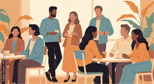 A clean vector illustration of a business meeting in a bright, modern cafe, showcasing teamwork and collaboration among diverse professionals